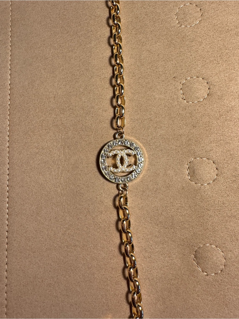 Chanel Pearl CC Gold Crystal Logo Chain Bracelet